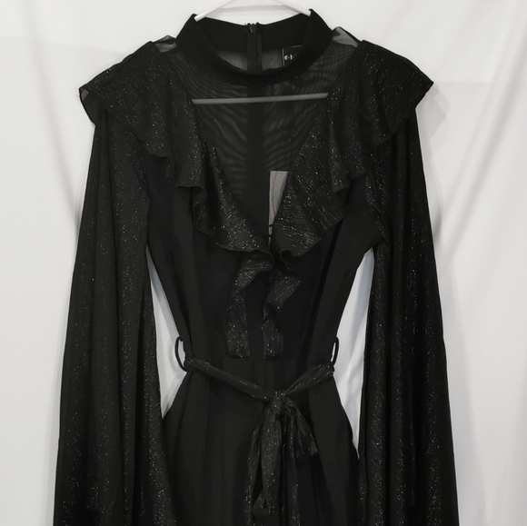 NWT Cien Black Metallic Ruffle Wide-Leg Jumpsuit Mesh Yoke Angel Sleeves Size L - Picture 3 of 11
